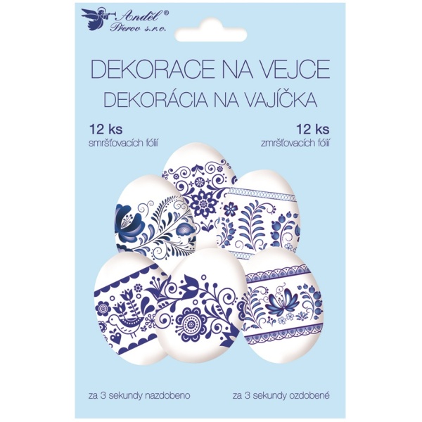 Velikonoce Smršťovací dekorace na vajíčka modrý motiv 12 ks