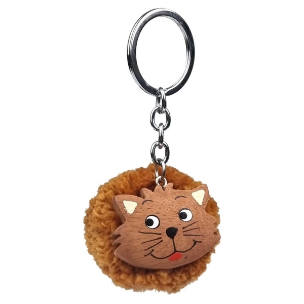 Dřevěná klíčenka pompon Kočka